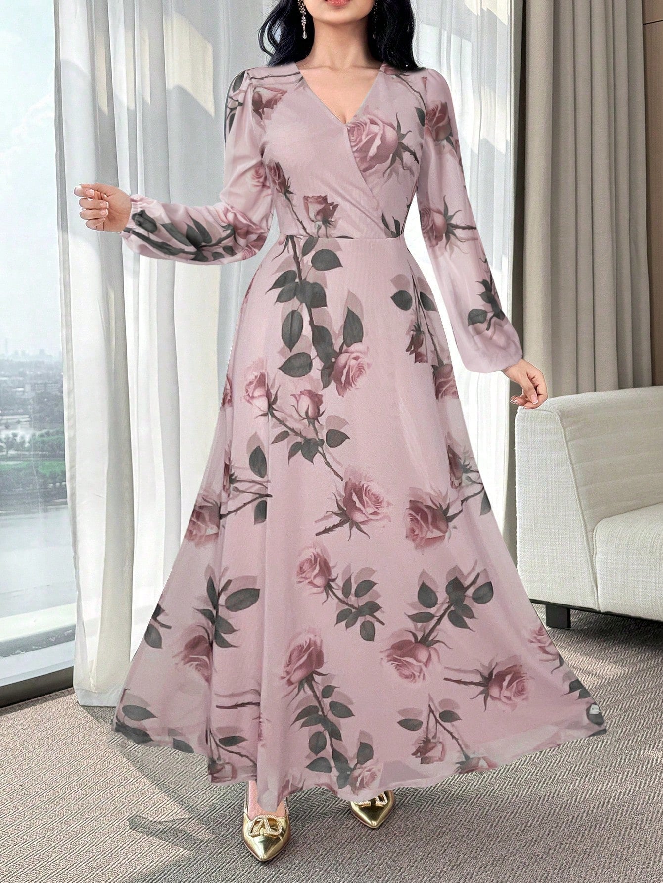 Modelyn New Rose Flower Elegant Charming Elegant High-End Cinched Waist Dress For Women