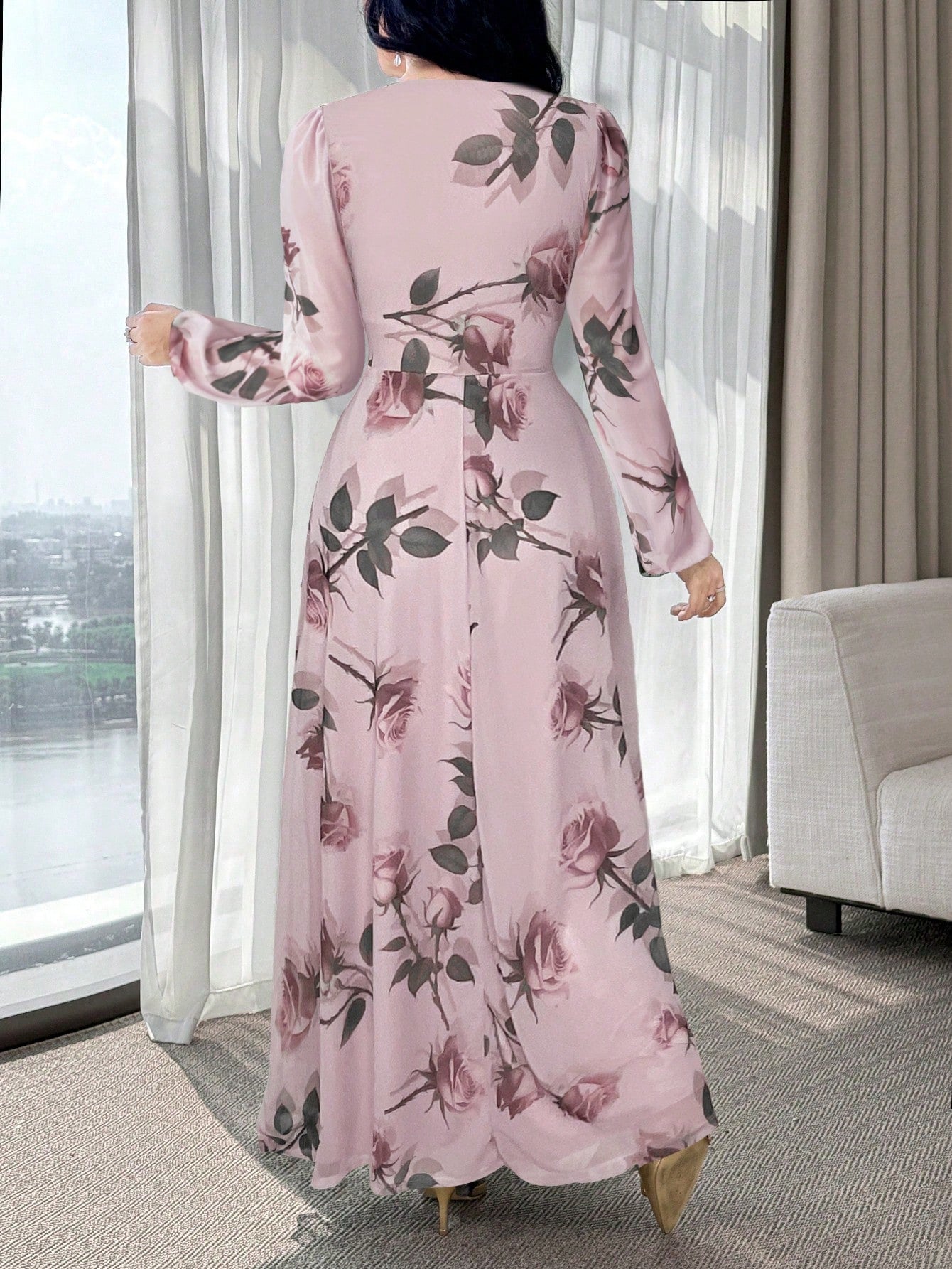 Modelyn New Rose Flower Elegant Charming Elegant High-End Cinched Waist Dress For Women