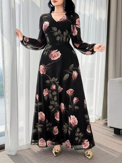 Modelyn New Rose Flower Elegant Charming Elegant High-End Cinched Waist Dress For Women