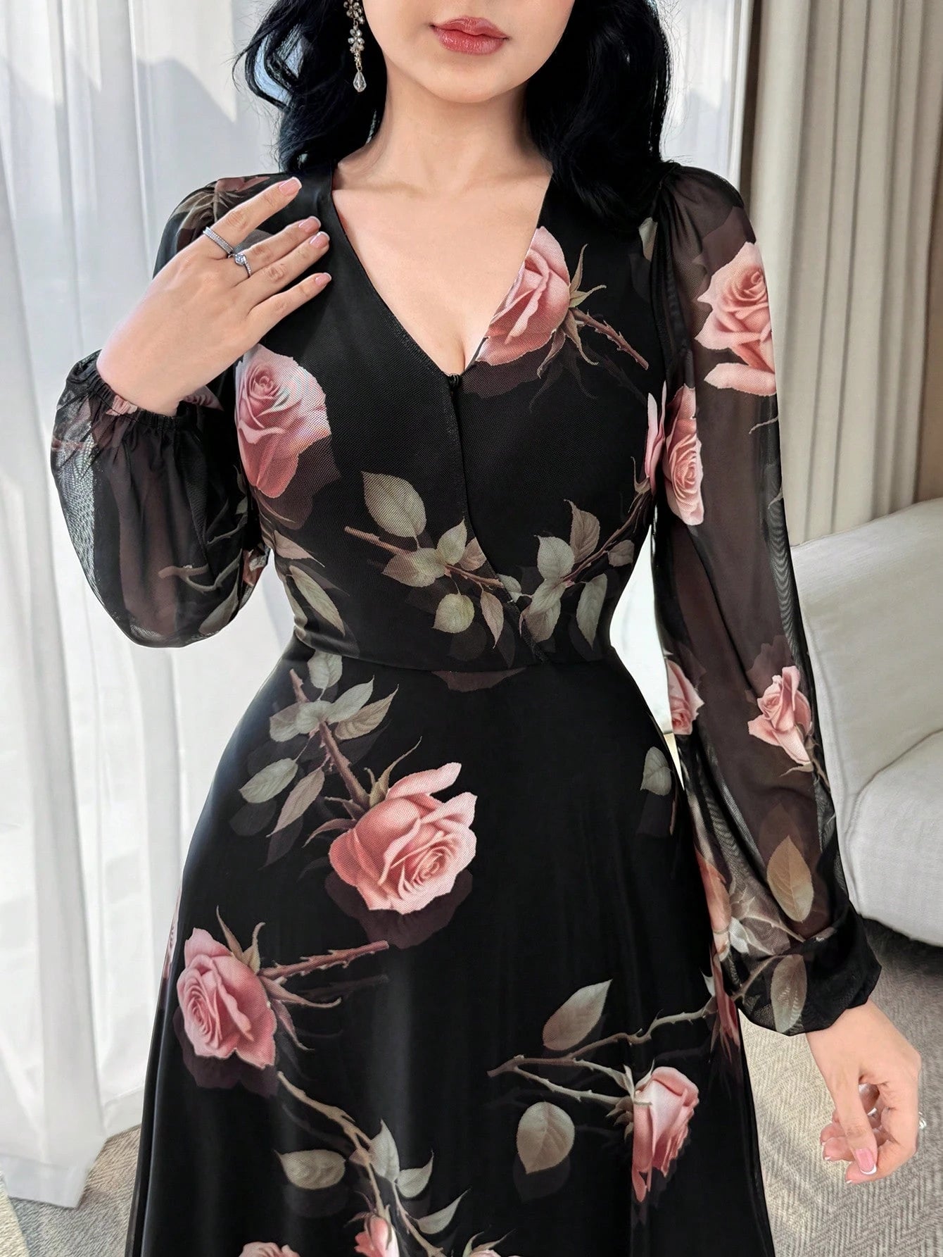 Modelyn New Rose Flower Elegant Charming Elegant High-End Cinched Waist Dress For Women