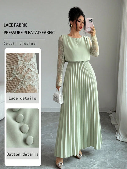 Modelyn Spring&Autumn Elegant Contrast Lace Round Neck Pleated Midi Dress,Sage Green Modest Party Dress For Women, Al-Adha Special Occasion Lady Dresses