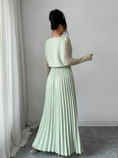 Modelyn Spring&Autumn Elegant Contrast Lace Round Neck Pleated Midi Dress,Sage Green Modest Party Dress For Women, Al-Adha Special Occasion Lady Dresses