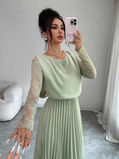 Modelyn Spring&Autumn Elegant Contrast Lace Round Neck Pleated Midi Dress,Sage Green Modest Party Dress For Women, Al-Adha Special Occasion Lady Dresses