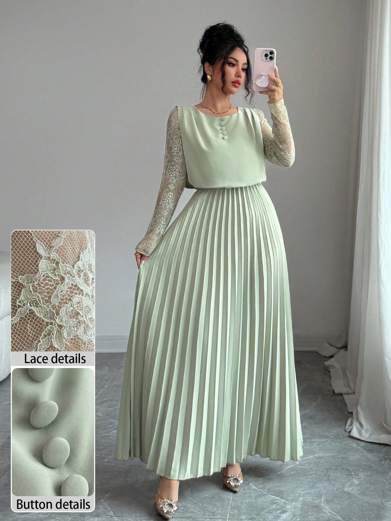 Modelyn Spring&Autumn Elegant Contrast Lace Round Neck Pleated Midi Dress,Sage Green Modest Party Dress For Women, Al-Adha Special Occasion Lady Dresses