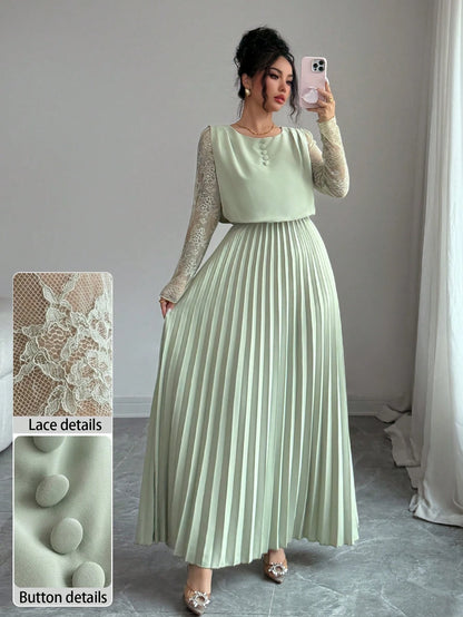 Modelyn Spring&Autumn Elegant Contrast Lace Round Neck Pleated Midi Dress,Sage Green Modest Party Dress For Women, Al-Adha Special Occasion Lady Dresses