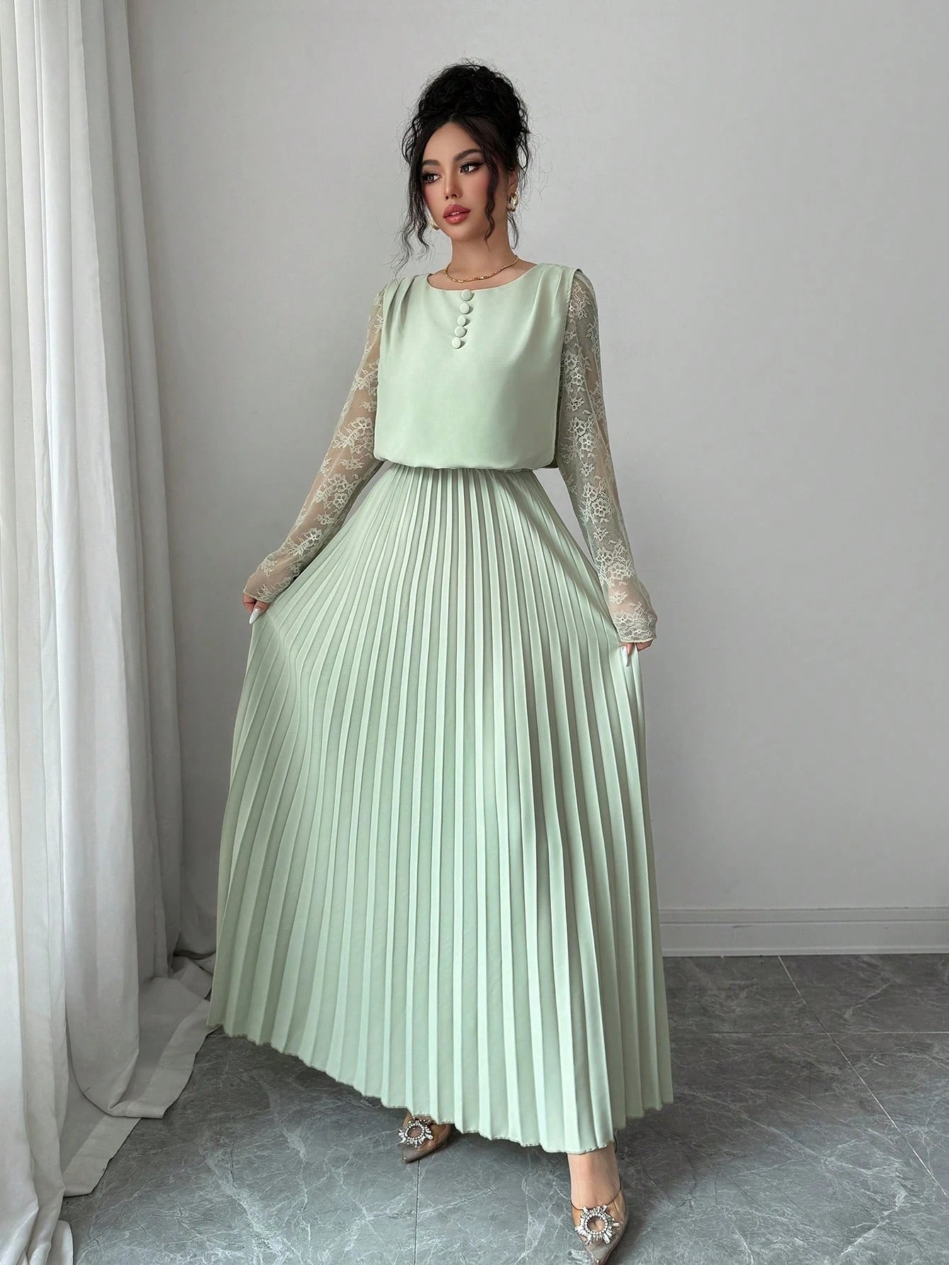 Modelyn Spring&Autumn Elegant Contrast Lace Round Neck Pleated Midi Dress,Sage Green Modest Party Dress For Women, Al-Adha Special Occasion Lady Dresses
