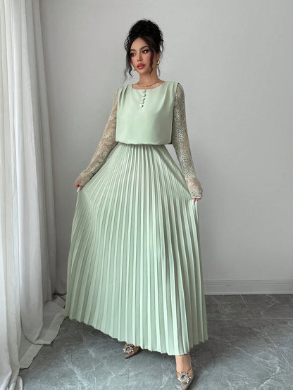 Modelyn Spring&Autumn Elegant Contrast Lace Round Neck Pleated Midi Dress,Sage Green Modest Party Dress For Women, Al-Adha Special Occasion Lady Dresses