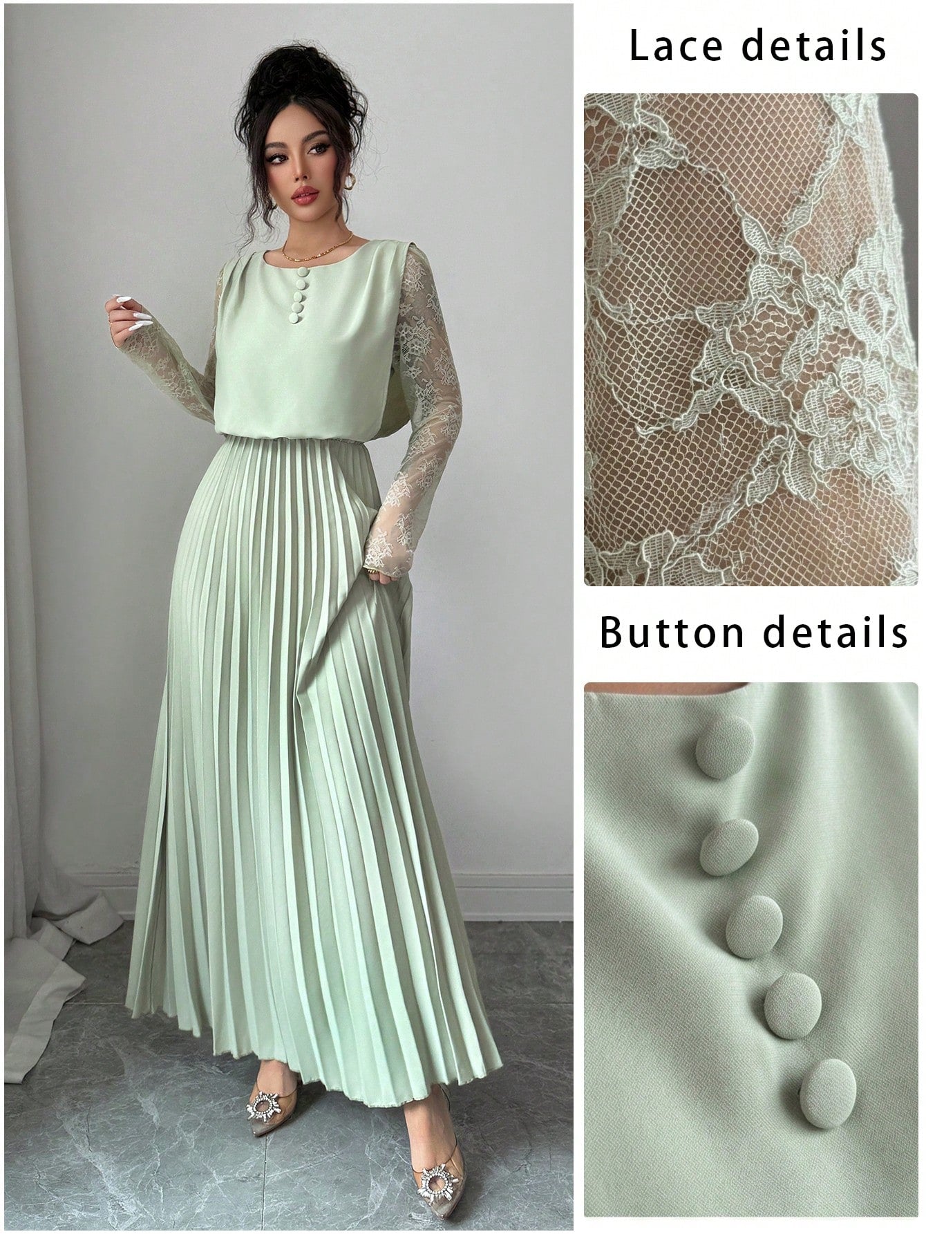 Modelyn Spring&Autumn Elegant Contrast Lace Round Neck Pleated Midi Dress,Sage Green Modest Party Dress For Women, Al-Adha Special Occasion Lady Dresses