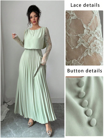 Modelyn Spring&Autumn Elegant Contrast Lace Round Neck Pleated Midi Dress,Sage Green Modest Party Dress For Women, Al-Adha Special Occasion Lady Dresses
