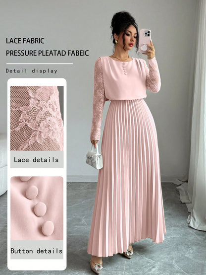 Modelyn Spring&Autumn Elegant Contrast Lace Round Neck Pleated Midi Dress,Sage Green Modest Party Dress For Women, Al-Adha Special Occasion Lady Dresses