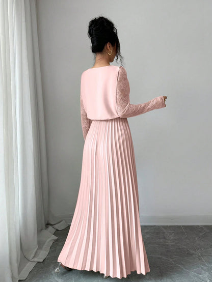 Modelyn Spring&Autumn Elegant Contrast Lace Round Neck Pleated Midi Dress,Sage Green Modest Party Dress For Women, Al-Adha Special Occasion Lady Dresses