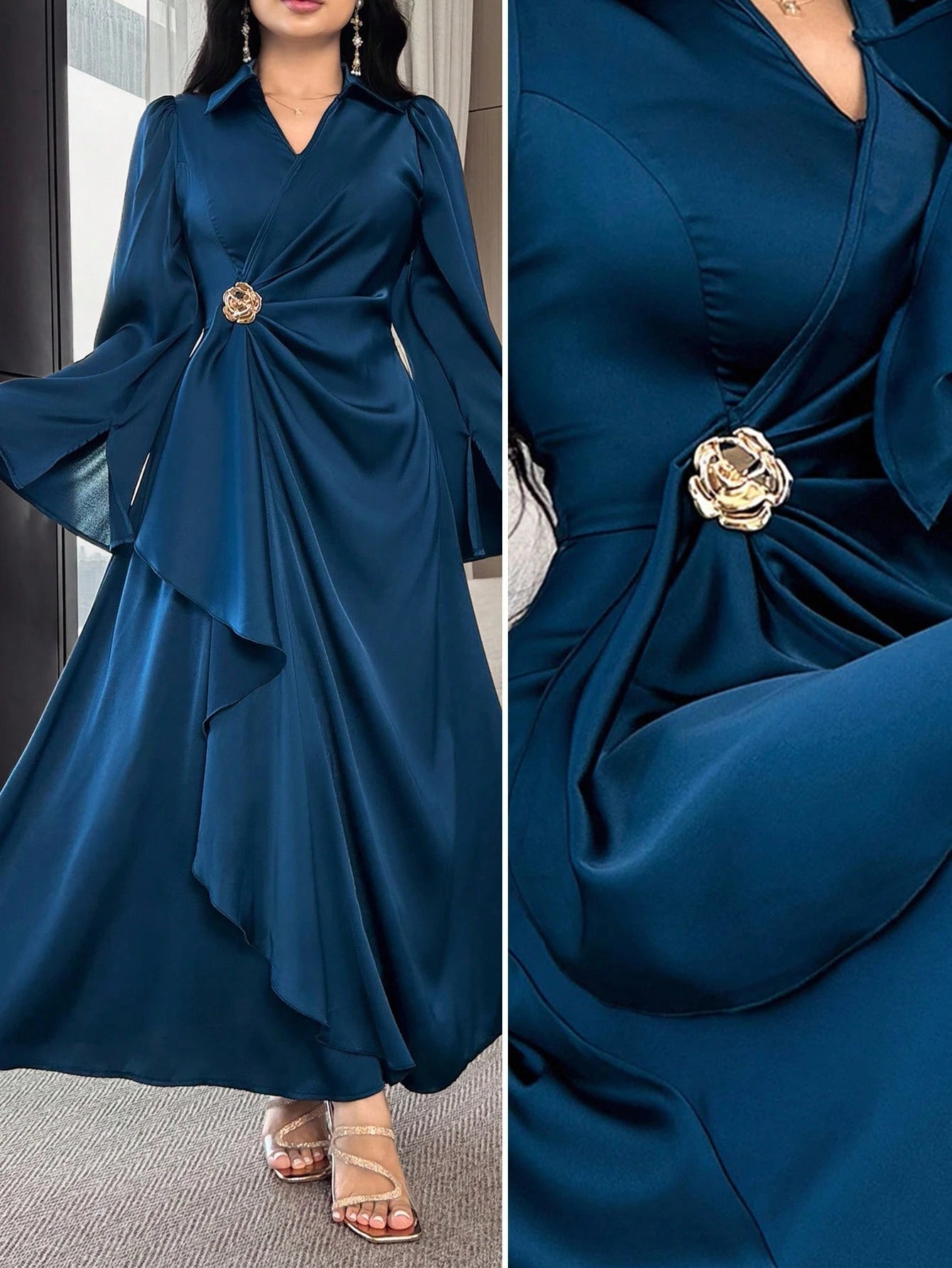 Modelyn Women Elegant Solid Color Flare Sleeve Wrap Dress,Fall Wedding Guest Dress,Summer Dresses For Women