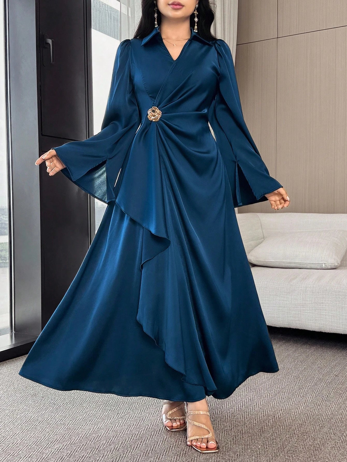 Modelyn Women Elegant Solid Color Flare Sleeve Wrap Dress,Fall Wedding Guest Dress,Summer Dresses For Women
