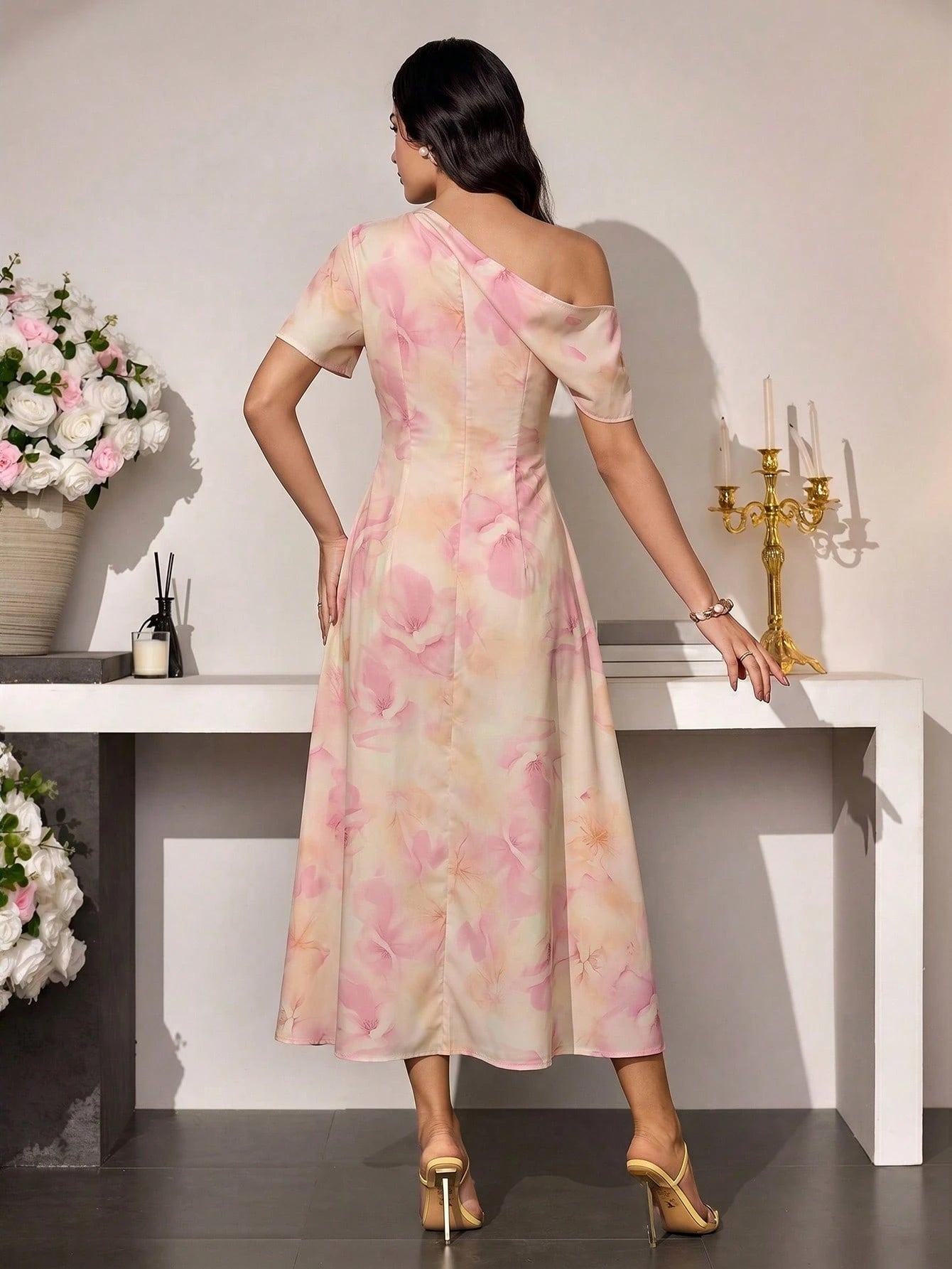 Modelyn Women's Asymmetric Waist Cinched Casual Elegant Dress, Summer Wedding Pink Floral