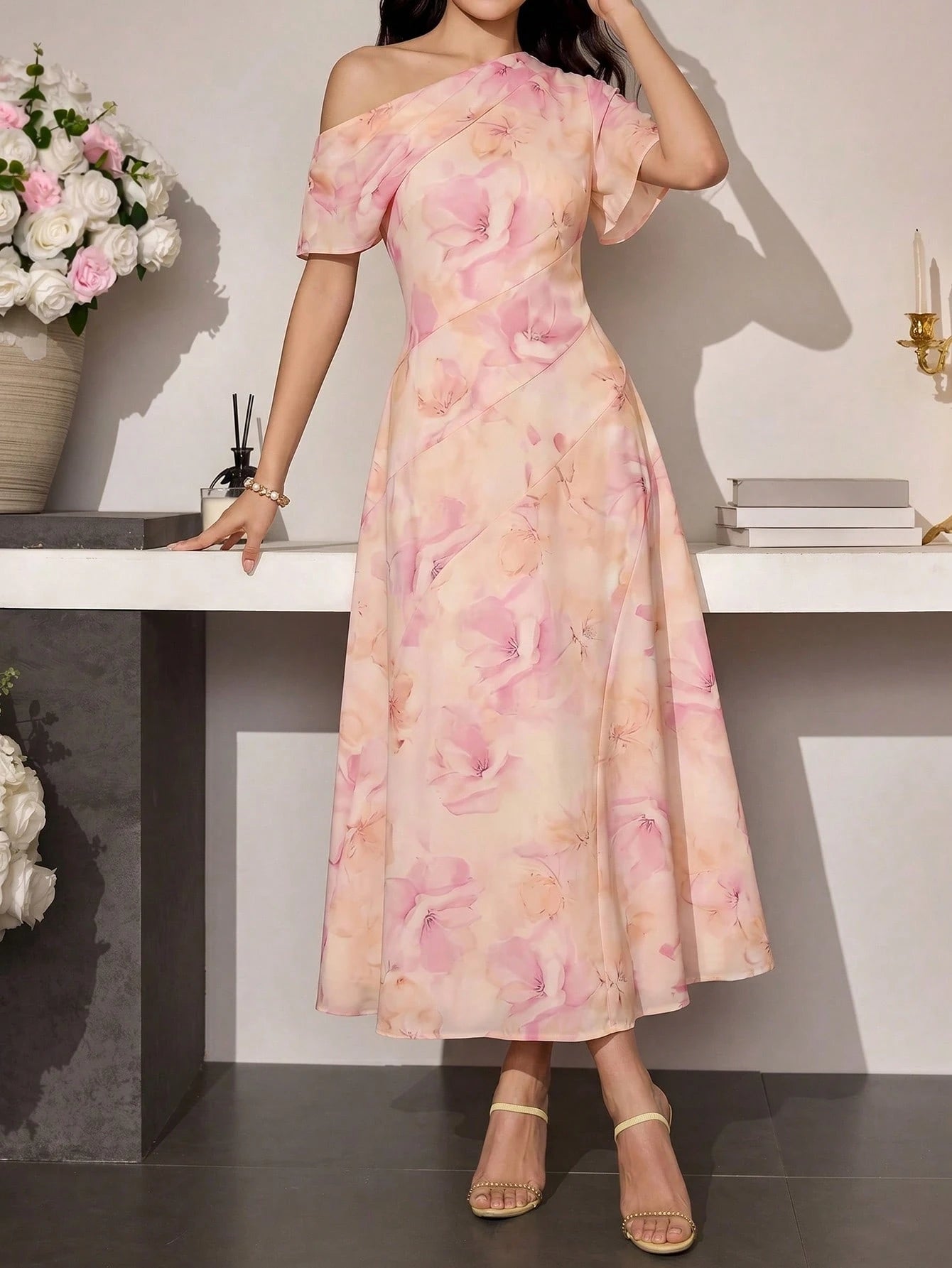 Modelyn Women's Asymmetric Waist Cinched Casual Elegant Dress, Summer Wedding Pink Floral