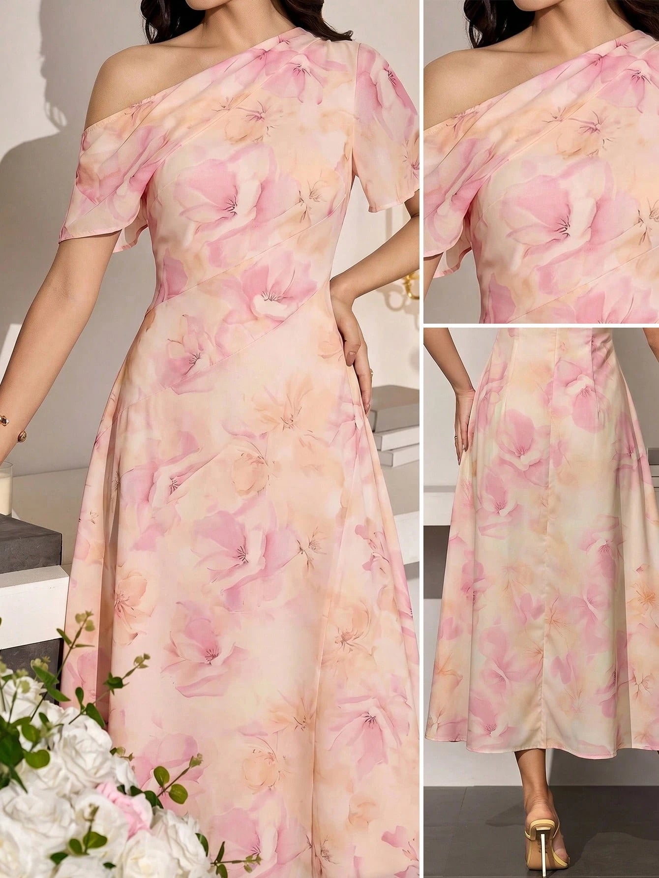 Modelyn Women's Asymmetric Waist Cinched Casual Elegant Dress, Summer Wedding Pink Floral