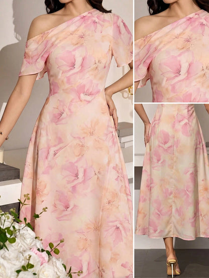 Modelyn Women's Asymmetric Waist Cinched Casual Elegant Dress, Summer Wedding Pink Floral
