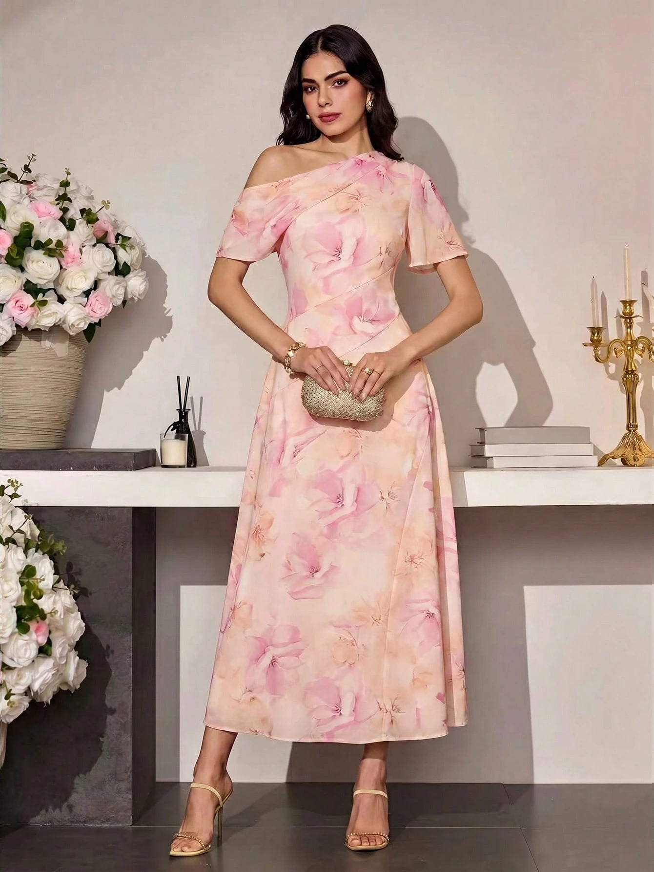 Modelyn Women's Asymmetric Waist Cinched Casual Elegant Dress, Summer Wedding Pink Floral