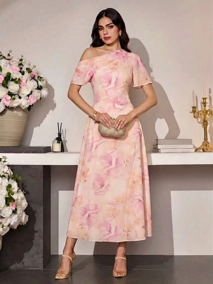 Modelyn Women's Asymmetric Waist Cinched Casual Elegant Dress, Summer Wedding Pink Floral