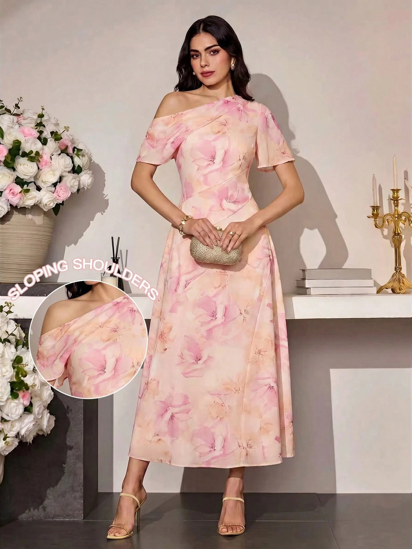 Modelyn Women's Asymmetric Waist Cinched Casual Elegant Dress, Summer Wedding Pink Floral