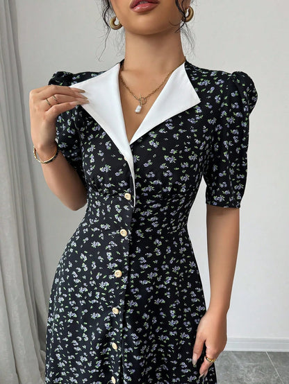 Modelyn Women's Black Floral Vintage Maxi Fall Long Dress Elegant Tea Party Short Sleeve Cinched Waist Patchwork Button Placket Contrast Collar Garden Outfits