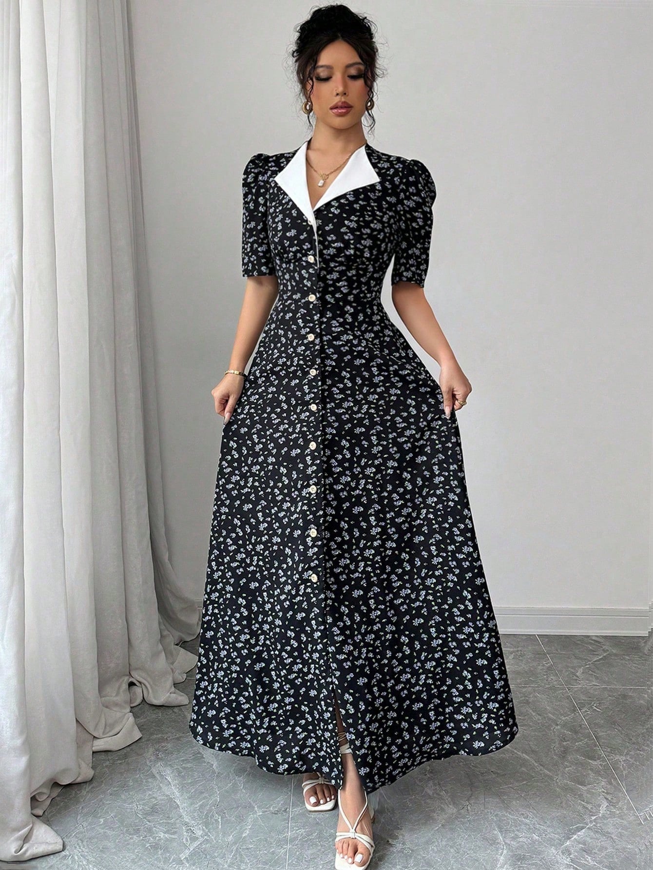 Modelyn Women's Black Floral Vintage Maxi Fall Long Dress Elegant Tea Party Short Sleeve Cinched Waist Patchwork Button Placket Contrast Collar Garden Outfits