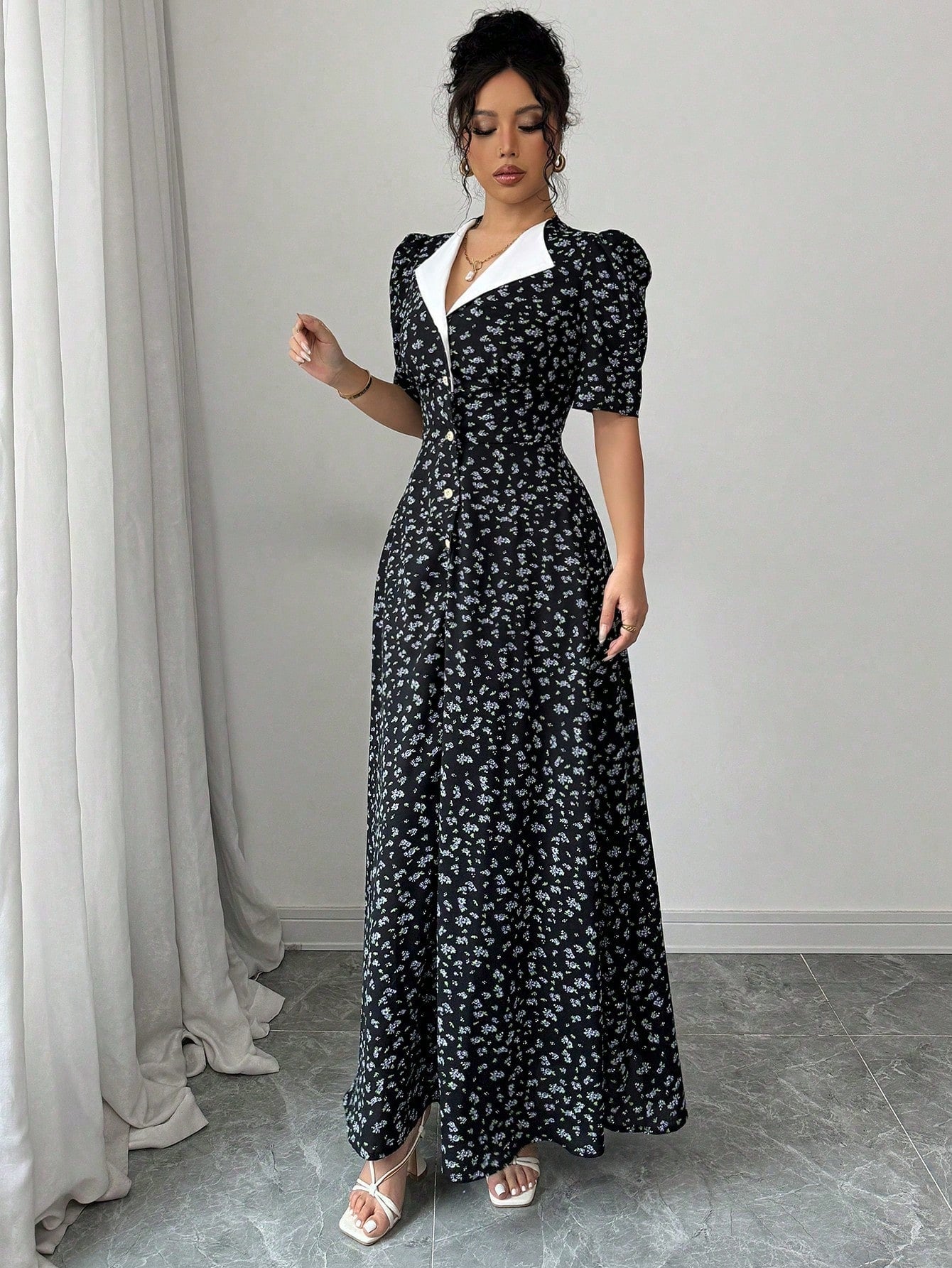 Modelyn Women's Black Floral Vintage Maxi Fall Long Dress Elegant Tea Party Short Sleeve Cinched Waist Patchwork Button Placket Contrast Collar Garden Outfits
