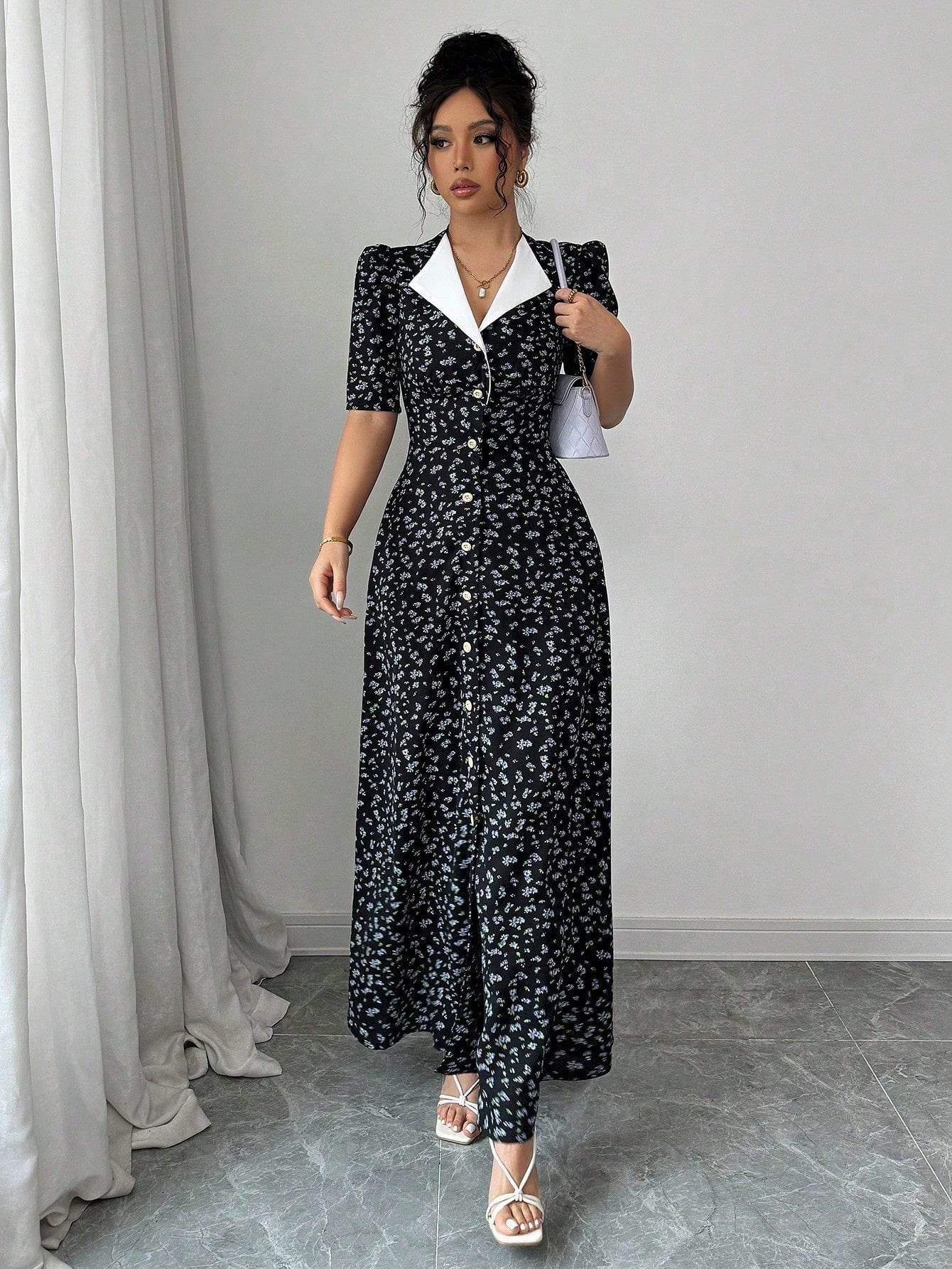 Modelyn Women's Black Floral Vintage Maxi Fall Long Dress Elegant Tea Party Short Sleeve Cinched Waist Patchwork Button Placket Contrast Collar Garden Outfits