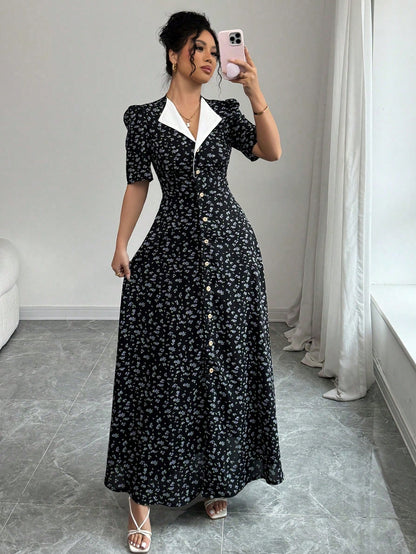 Modelyn Women's Black Floral Vintage Maxi Fall Long Dress Elegant Tea Party Short Sleeve Cinched Waist Patchwork Button Placket Contrast Collar Garden Outfits