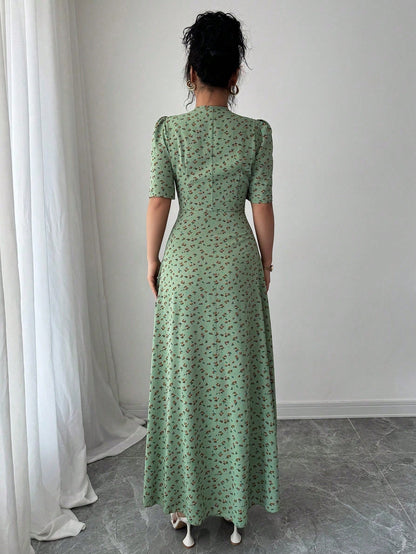 Modelyn Women's Black Floral Vintage Maxi Fall Long Dress Elegant Tea Party Short Sleeve Cinched Waist Patchwork Button Placket Contrast Collar Garden Outfits