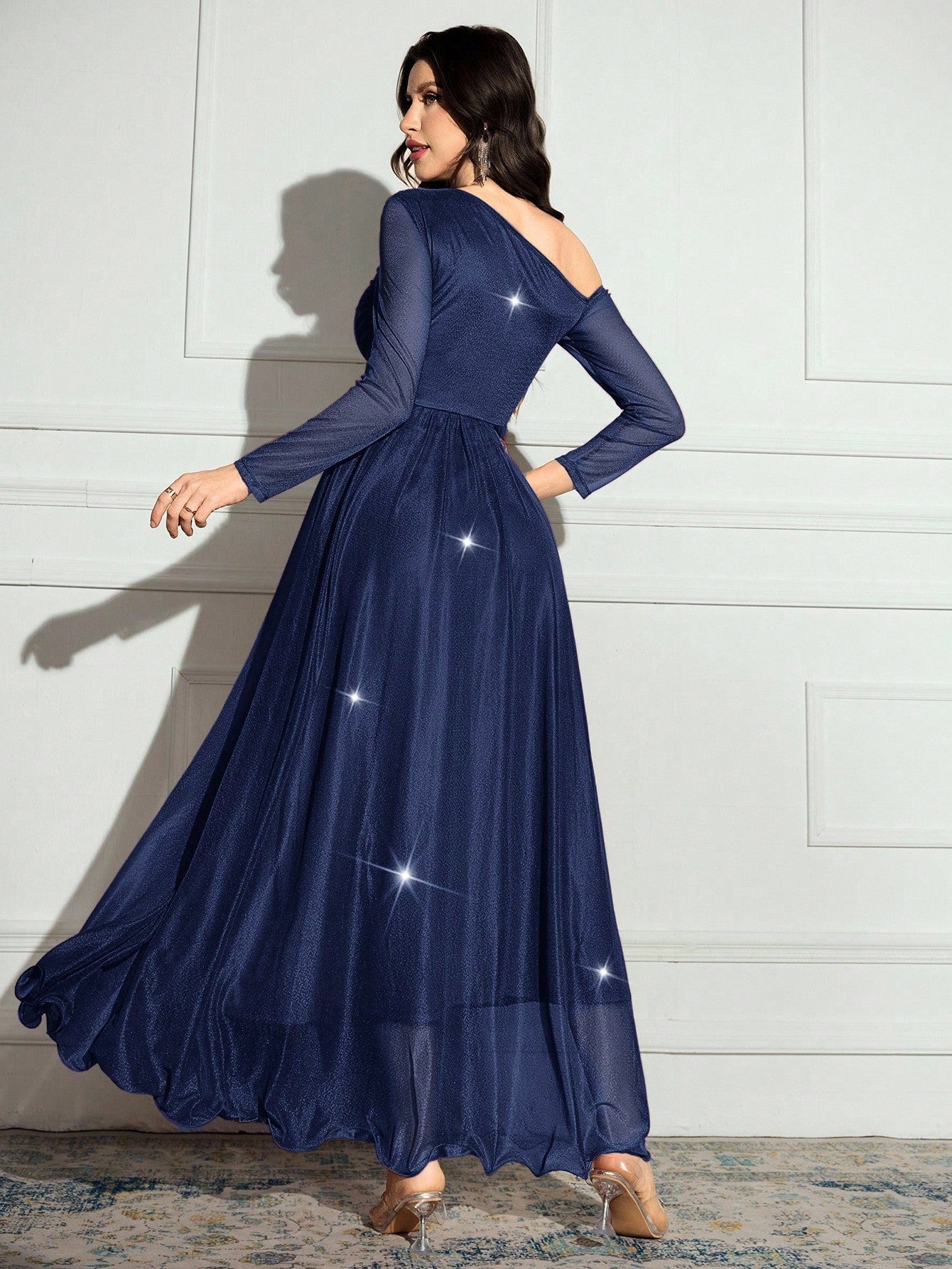 Modelyn Women's Fashionable Elegant Romantic Asymmetrical Neck Long Sleeve Dress