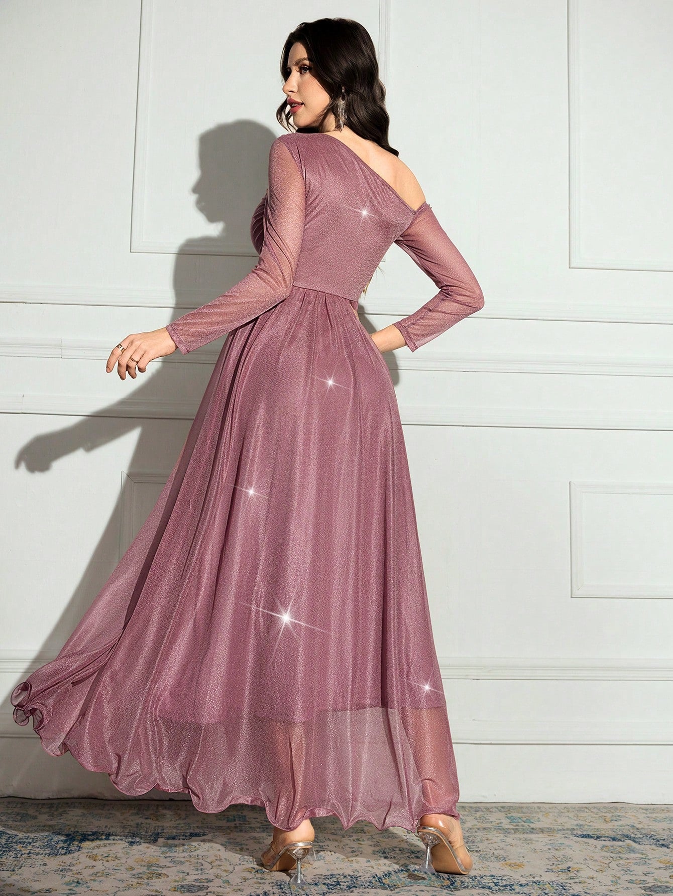 Modelyn Women's Fashionable Elegant Romantic Asymmetrical Neck Long Sleeve Dress