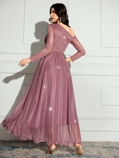Modelyn Women's Fashionable Elegant Romantic Asymmetrical Neck Long Sleeve Dress