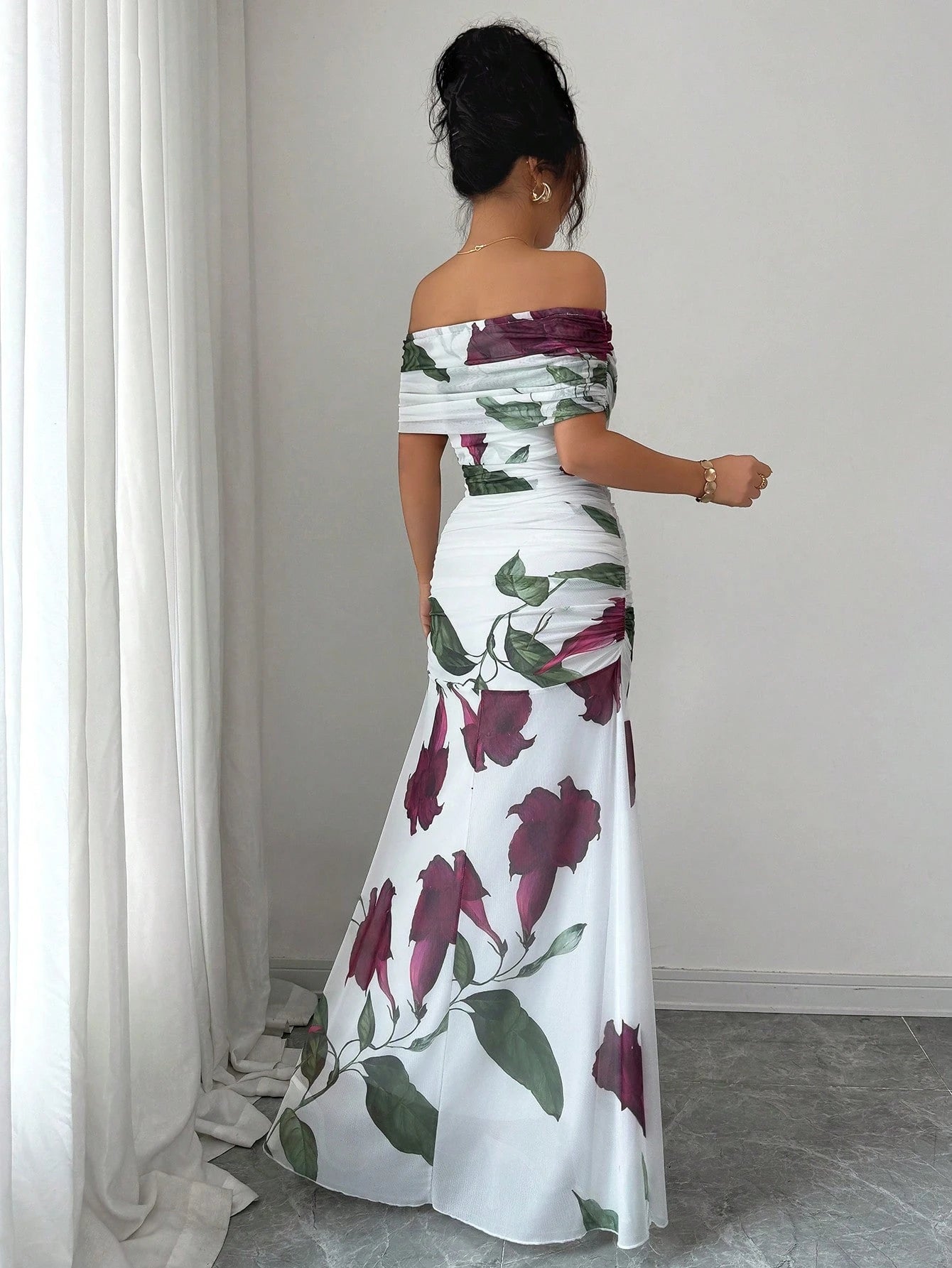Modelyn Women's Off Shoulder Ruched Mesh Printed Summer Dress