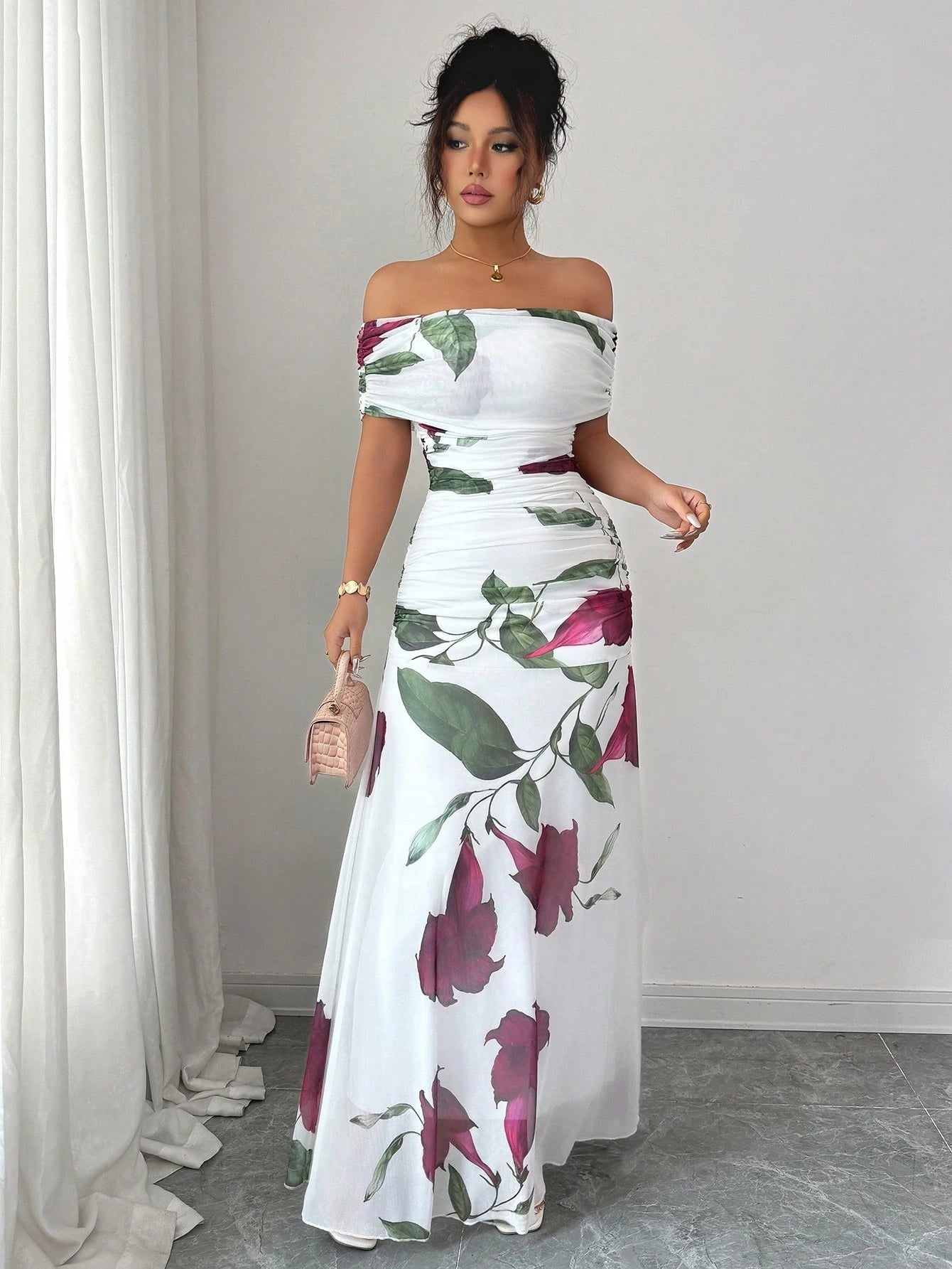 Modelyn Women's Off Shoulder Ruched Mesh Printed Summer Dress