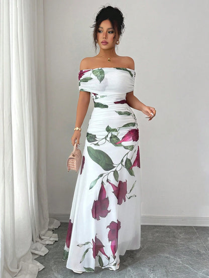 Modelyn Women's Off Shoulder Ruched Mesh Printed Summer Dress