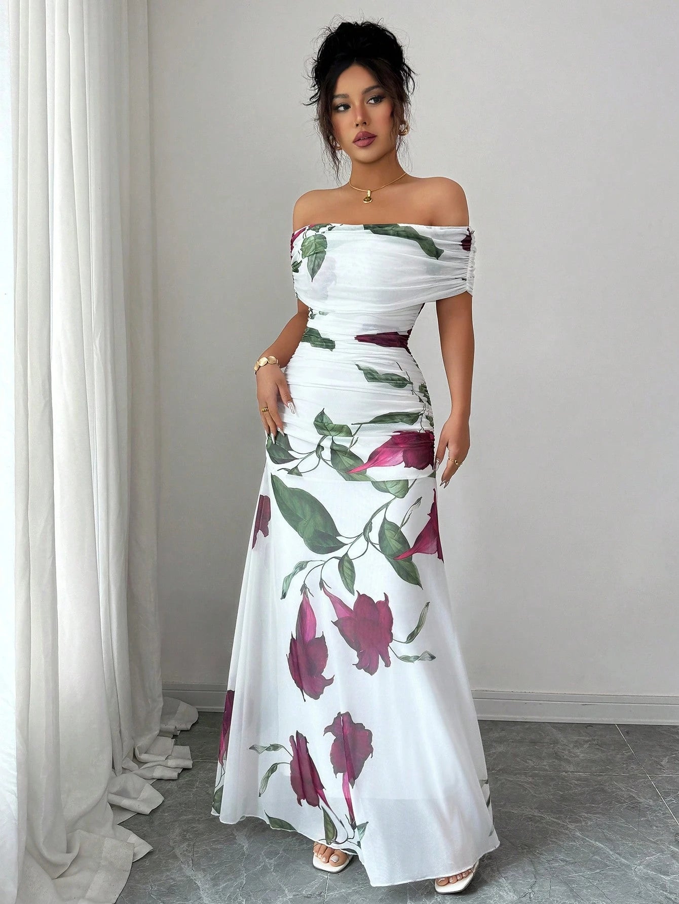 Modelyn Women's Off Shoulder Ruched Mesh Printed Summer Dress