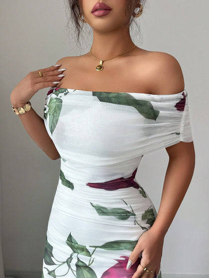 Modelyn Women's Off Shoulder Ruched Mesh Printed Summer Dress