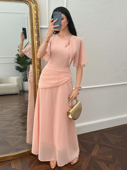 Modelyn Women's Ruched Waist Concealed Belly Flared Dress Dusty Pink,Summer,Elegant,Wedding Ninang Modest Outfits Simple New Arrival Elegant Outfits Dresses