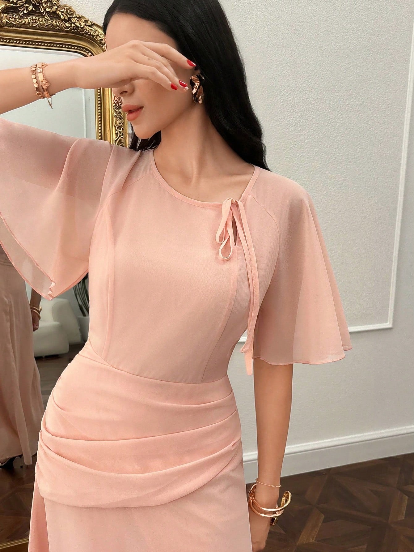 Modelyn Women's Ruched Waist Concealed Belly Flared Dress Dusty Pink,Summer,Elegant,Wedding Ninang Modest Outfits Simple New Arrival Elegant Outfits Dresses