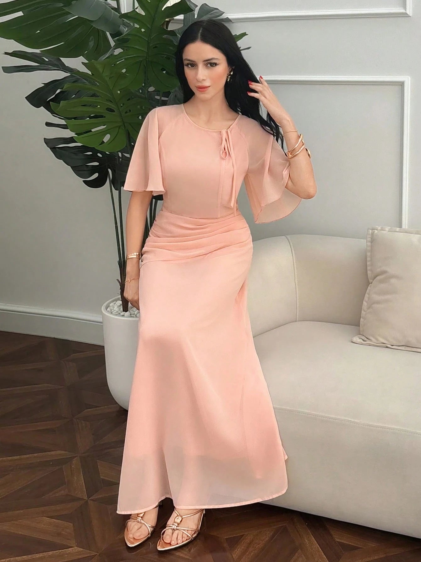 Modelyn Women's Ruched Waist Concealed Belly Flared Dress Dusty Pink,Summer,Elegant,Wedding Ninang Modest Outfits Simple New Arrival Elegant Outfits Dresses