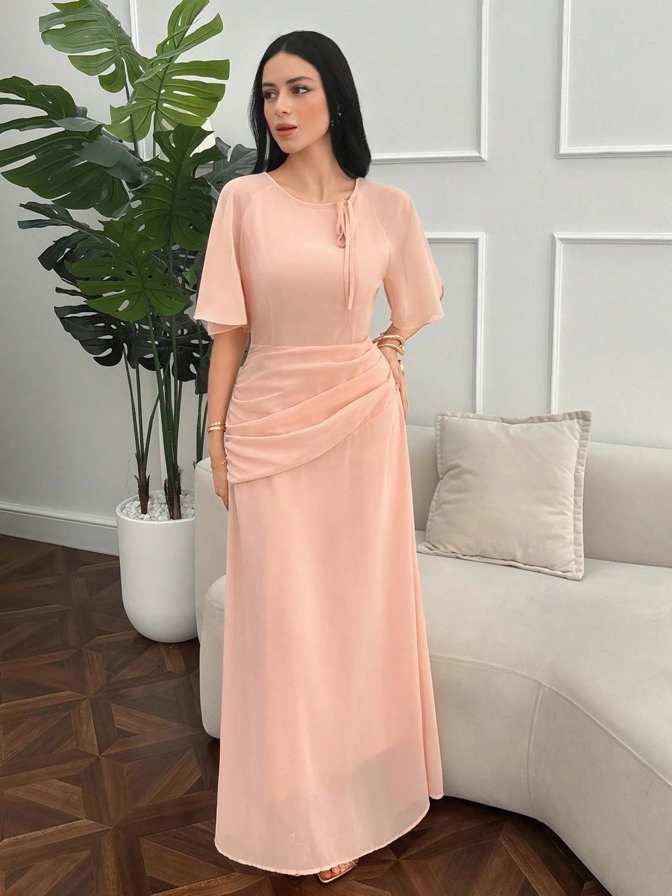 Modelyn Women's Ruched Waist Concealed Belly Flared Dress Dusty Pink,Summer,Elegant,Wedding Ninang Modest Outfits Simple New Arrival Elegant Outfits Dresses
