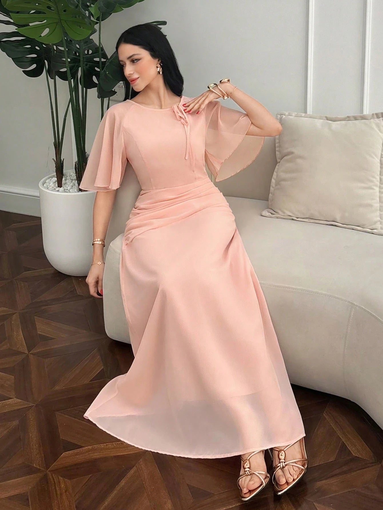 Modelyn Women's Ruched Waist Concealed Belly Flared Dress Dusty Pink,Summer,Elegant,Wedding Ninang Modest Outfits Simple New Arrival Elegant Outfits Dresses