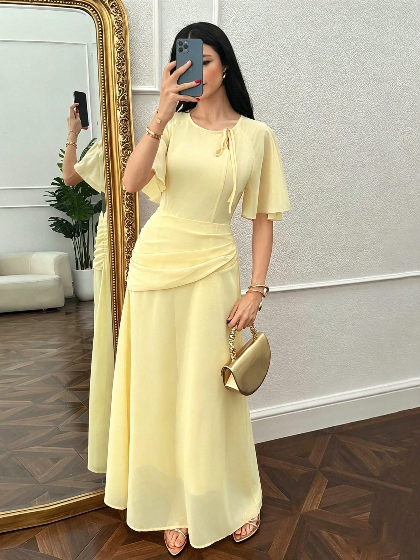 Modelyn Women's Ruched Waist Concealed Belly Flared Dress Dusty Pink,Summer,Elegant,Wedding Ninang Modest Outfits Simple New Arrival Elegant Outfits Dresses