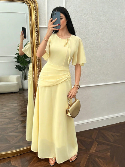 Modelyn Women's Ruched Waist Concealed Belly Flared Dress Dusty Pink,Summer,Elegant,Wedding Ninang Modest Outfits Simple New Arrival Elegant Outfits Dresses