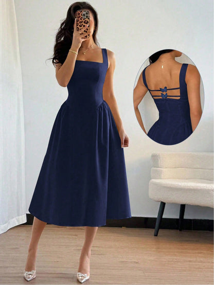 Modelyn Women's Solid Color Square Neck Pleated Design Sleeveless Midi Dress, Elegant