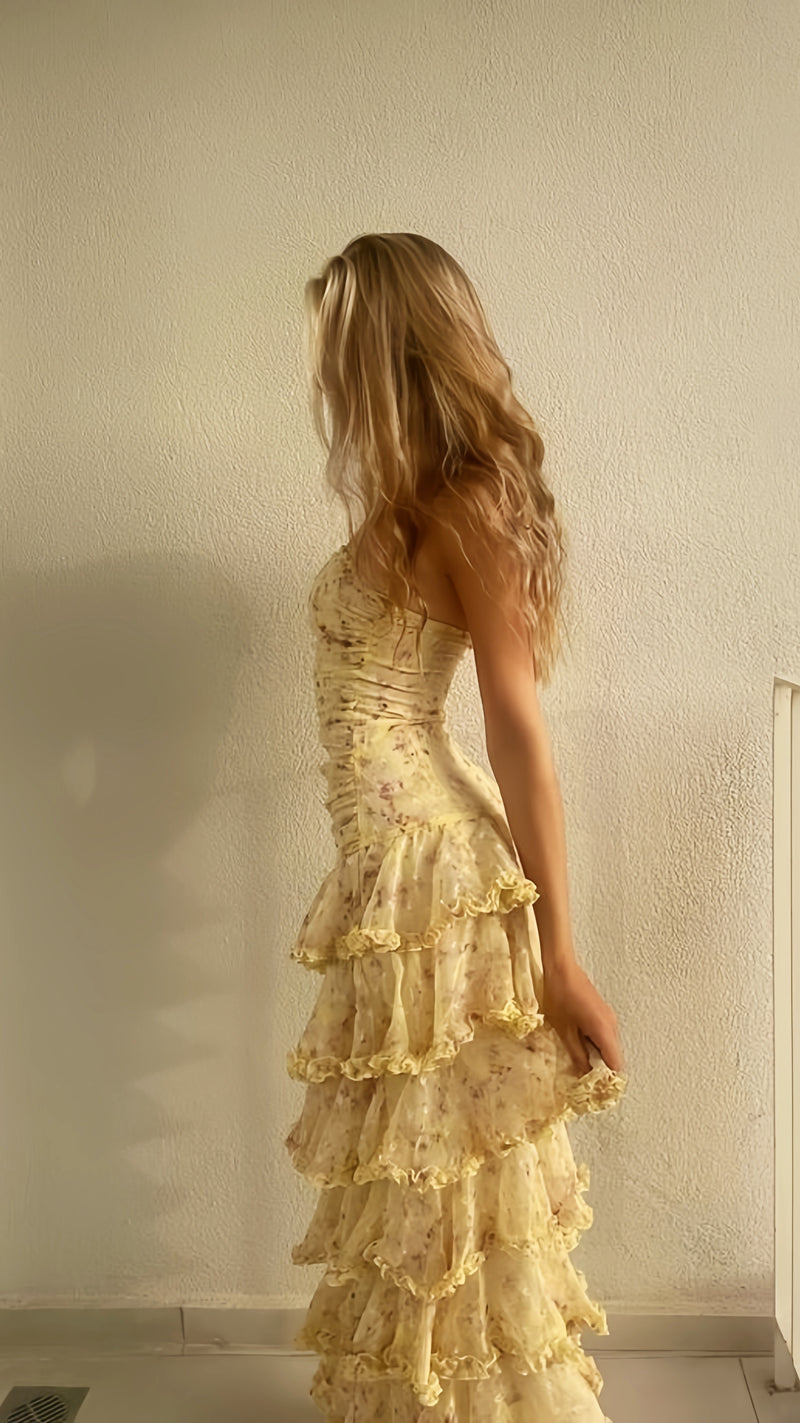Modest Sheath Strapless Yellow Chiffon Floral Long Prom Dresses Party Dress 22Th Birthday Outfits Graduation Dress,AST2274