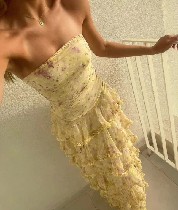 Modest Sheath Strapless Yellow Chiffon Floral Long Prom Dresses Party Dress 22Th Birthday Outfits Graduation Dress,AST2289