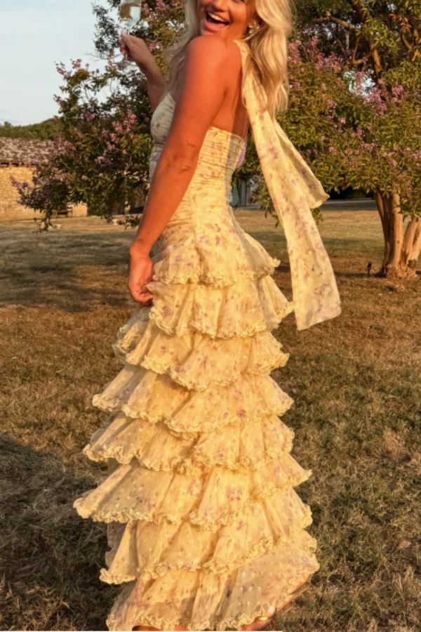 Modest Sheath Strapless Yellow Chiffon Floral Long Prom Dresses Party Dress 22Th Birthday Outfits Graduation Dress,AST2274