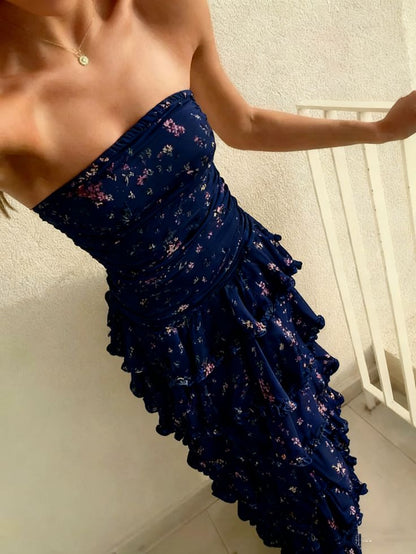 Modest Sheath Strapless Yellow Chiffon Floral Long Prom Dresses Party Dress 22Th Birthday Outfits Graduation Dress,AST2274